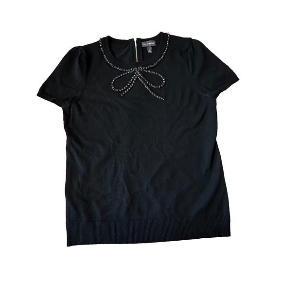 The Limited Women’s Black Beaded Bow Knit Top Size L Short Sleeve Minimalist - Picture 3 of 10